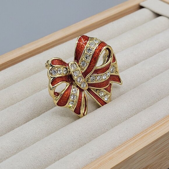 Danecraft Gold Tone Ribbon Bow Brooch Pin Red Enamel White Rhinestones Vtg - Picture 4 of 8